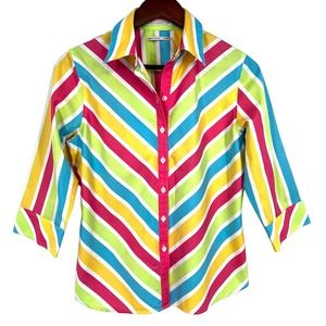 Foxcroft Sport Womens SZ 4 Wrinkle Free Rainbow Easter Spring Blouse Shirt Top